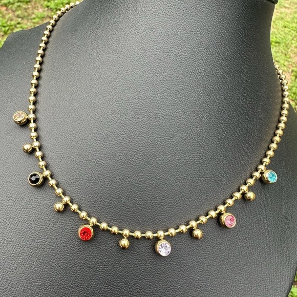 Gold Beaded Necklace with Multicolor Stones – 18K Plated - Picture 1 of 4